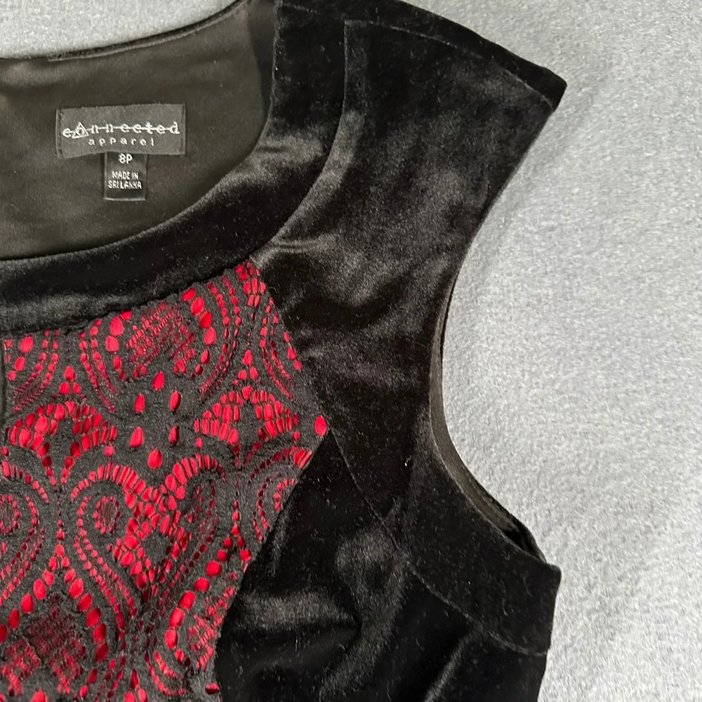 Connected Apparel Dress Womens 8P Black Velvet Red Lace Sheath Party Career - Picture 6 of 16
